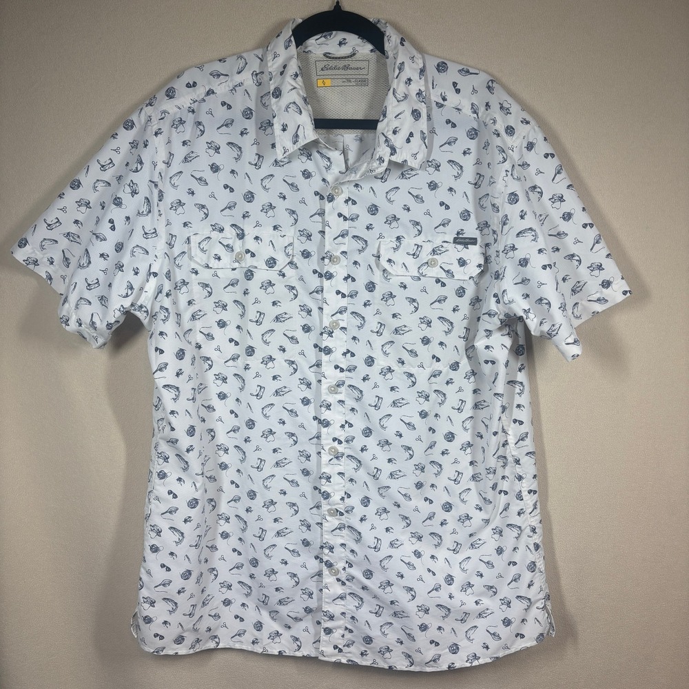 Eddie‎ Bauer Mens Classic Fit Fly Fishing Print Short Sleeve Shirt XL Tall White